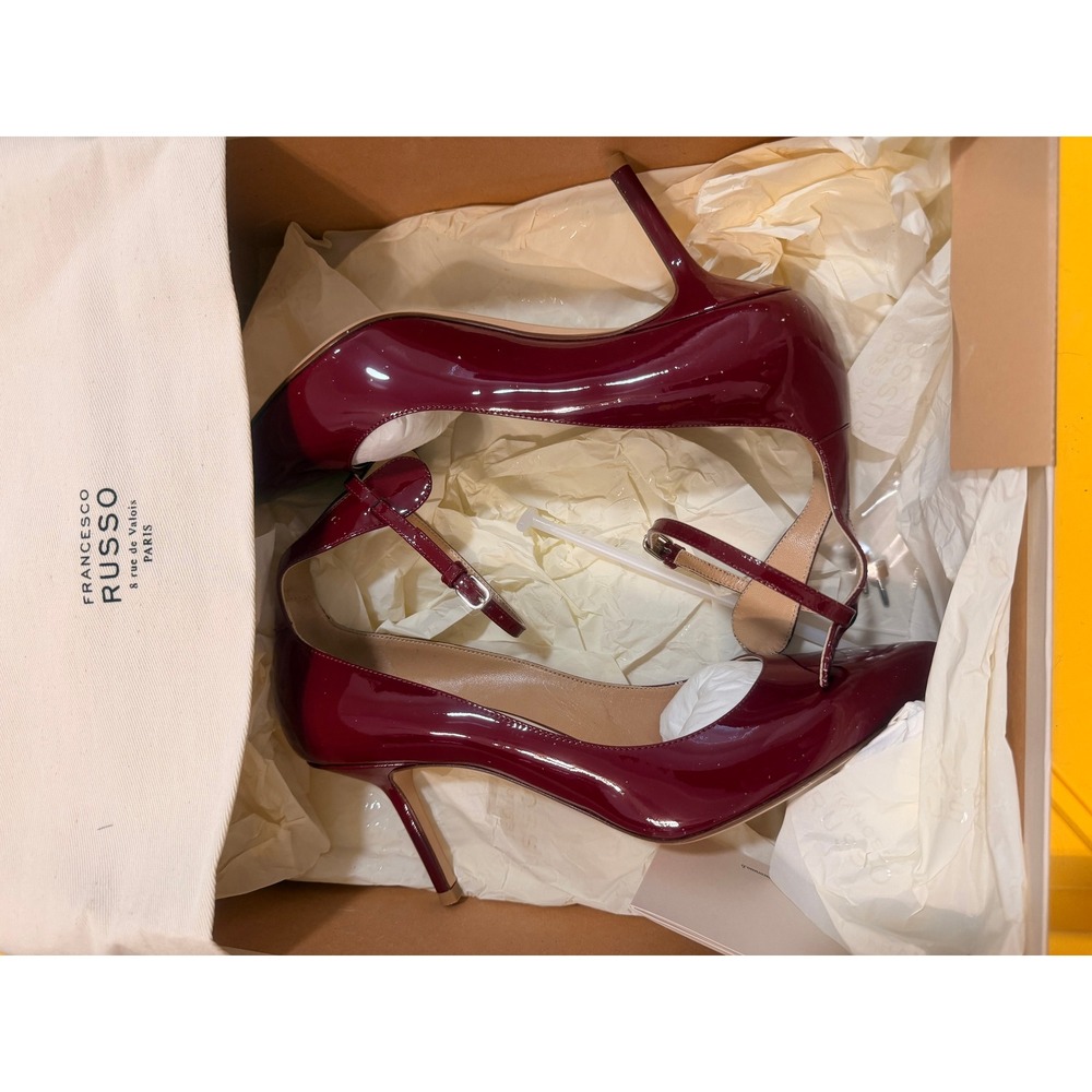 Francesco Russo Amaranto Burgundy Patent Leather Ankle Strap Pumps R1P234 EU 39